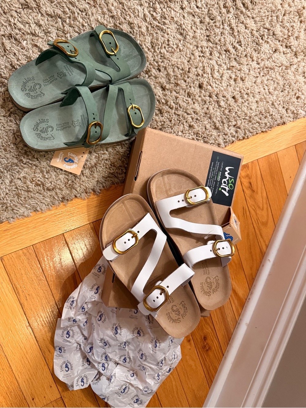 White and green Dual-Buckle Sandals with Gold Accents bundle